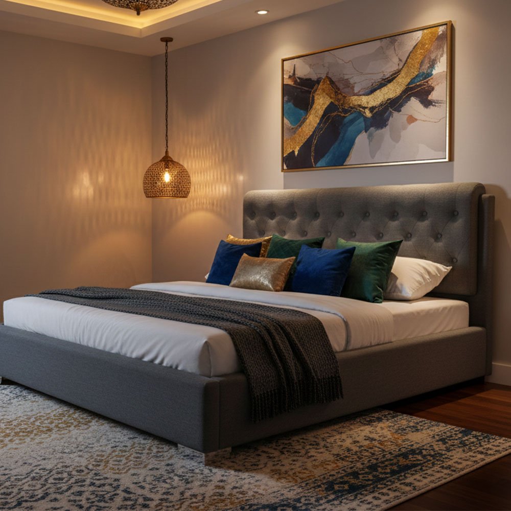 AMELIA TUFTED CHARCOAL GREY BED - QUEEN SIZE